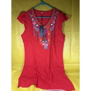 Mexican Dress Vintage Oaxacan Hand Embroidered Floral Red Size Large ZZ